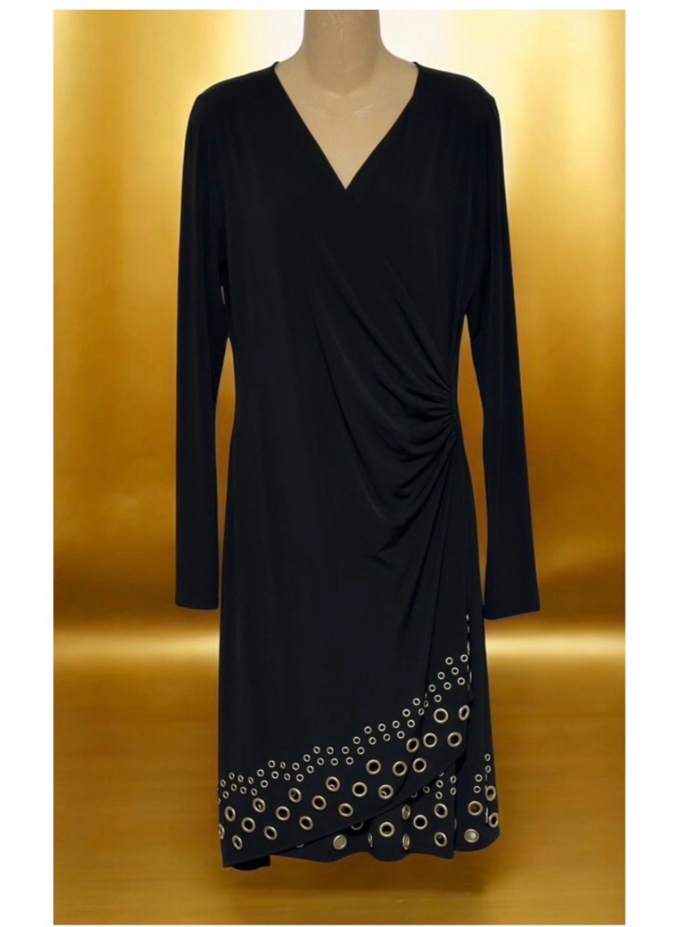 Michael Kors Black Long-Sleeve V-Neck Ruched Dress with Gold Eyelet Trim